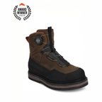 Brown and black Simms Men's G3 Guide BOA Boot - Felt with award badge on a white background