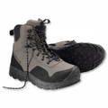 Gray Orvis fishing boots with black soles on a white background