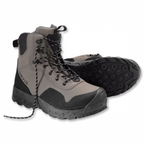 Gray Orvis fishing boots with black soles on a white background