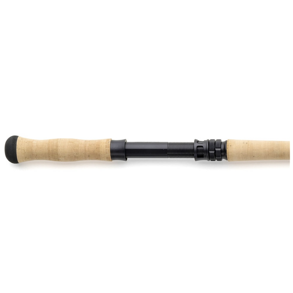 Close-up of a Scott Swing fly fishing rod handle with cork grip on a white background