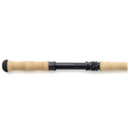 Close-up of a Scott Swing fly fishing rod handle with cork grip on a white background