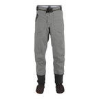 Gray Simms MEN's Freestone Wading Pants with black boots on a white background