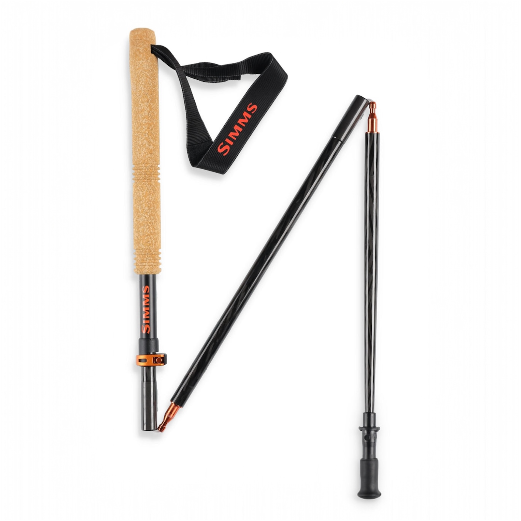 Simms Pro wading staff with cork handle and black frame on a white background