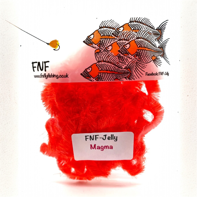Red fly tying material labeled 'FNF Jelly Magma' with FNF branding on a white background