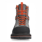 Front view of Simms G3 Guide Gray boot with orange laces on a white background