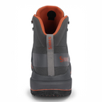 Back view of Simms Flyweight Gray boot with teal laces on a white background