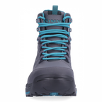 Front view of Simms Freestone Gray boot with teal laces on a white background