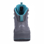 Back view of Simms Freestone Gray boot with teal laces on a white background 
