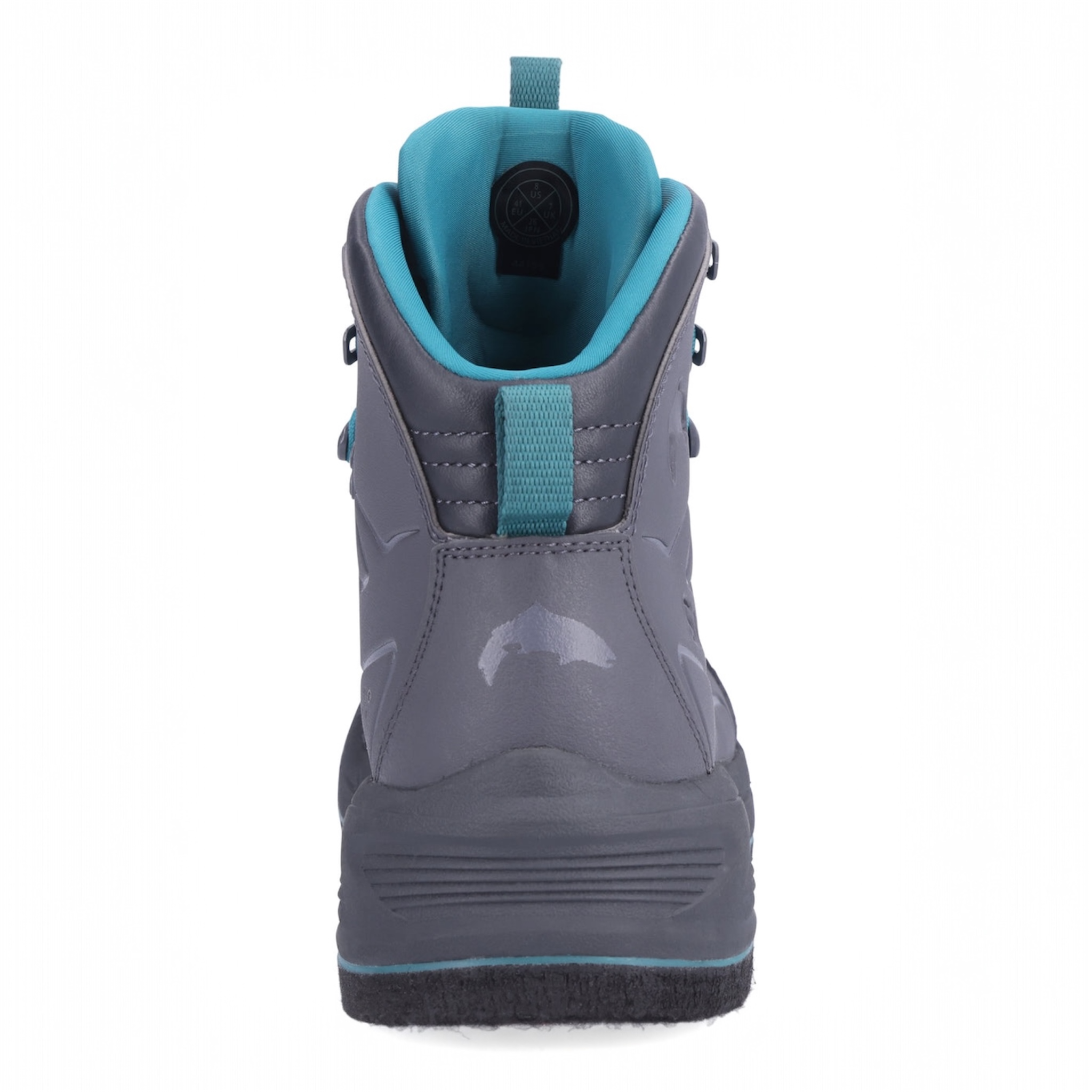 Back view of Simms Freestone Gray boot with teal laces on a white background 