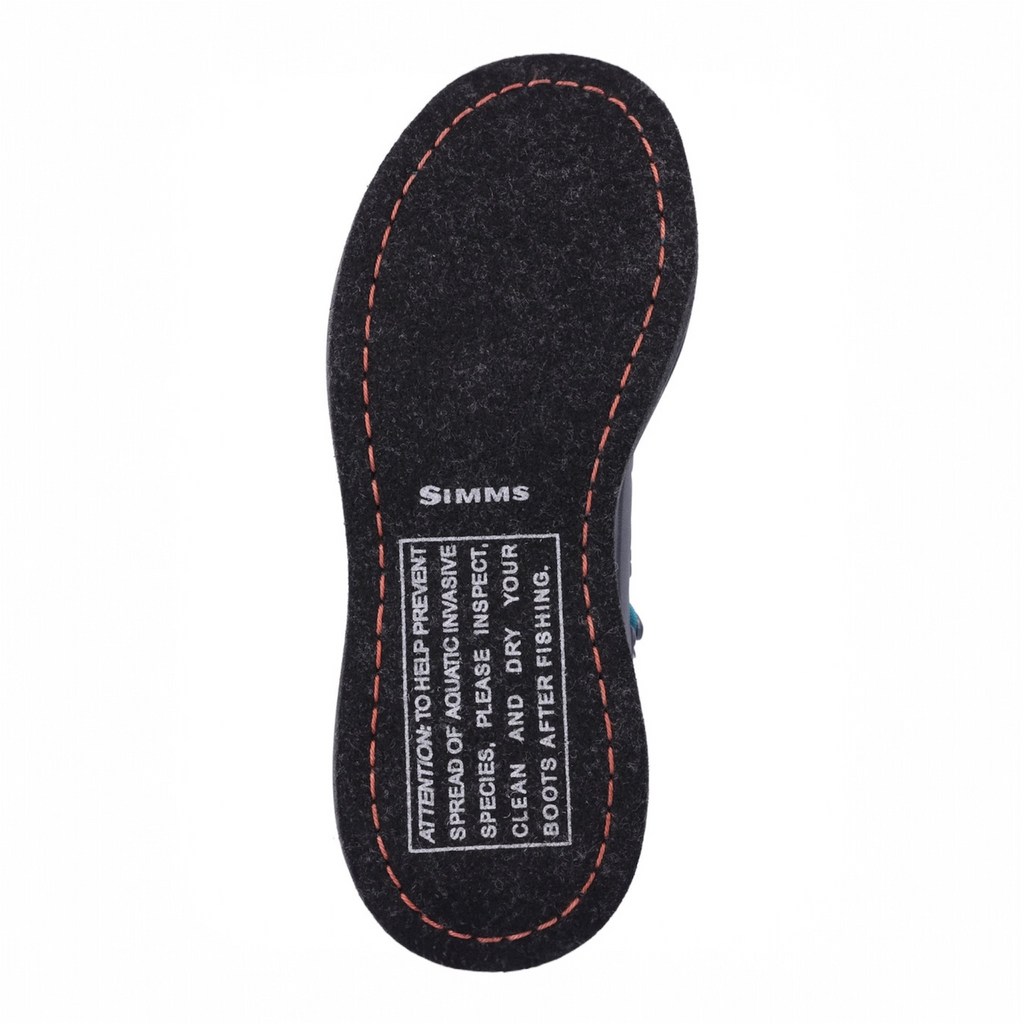 Bottom view of Simms Freestone Gray boot with teal laces on a white background