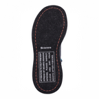 Bottom view of Simms Freestone Gray boot with teal laces on a white background