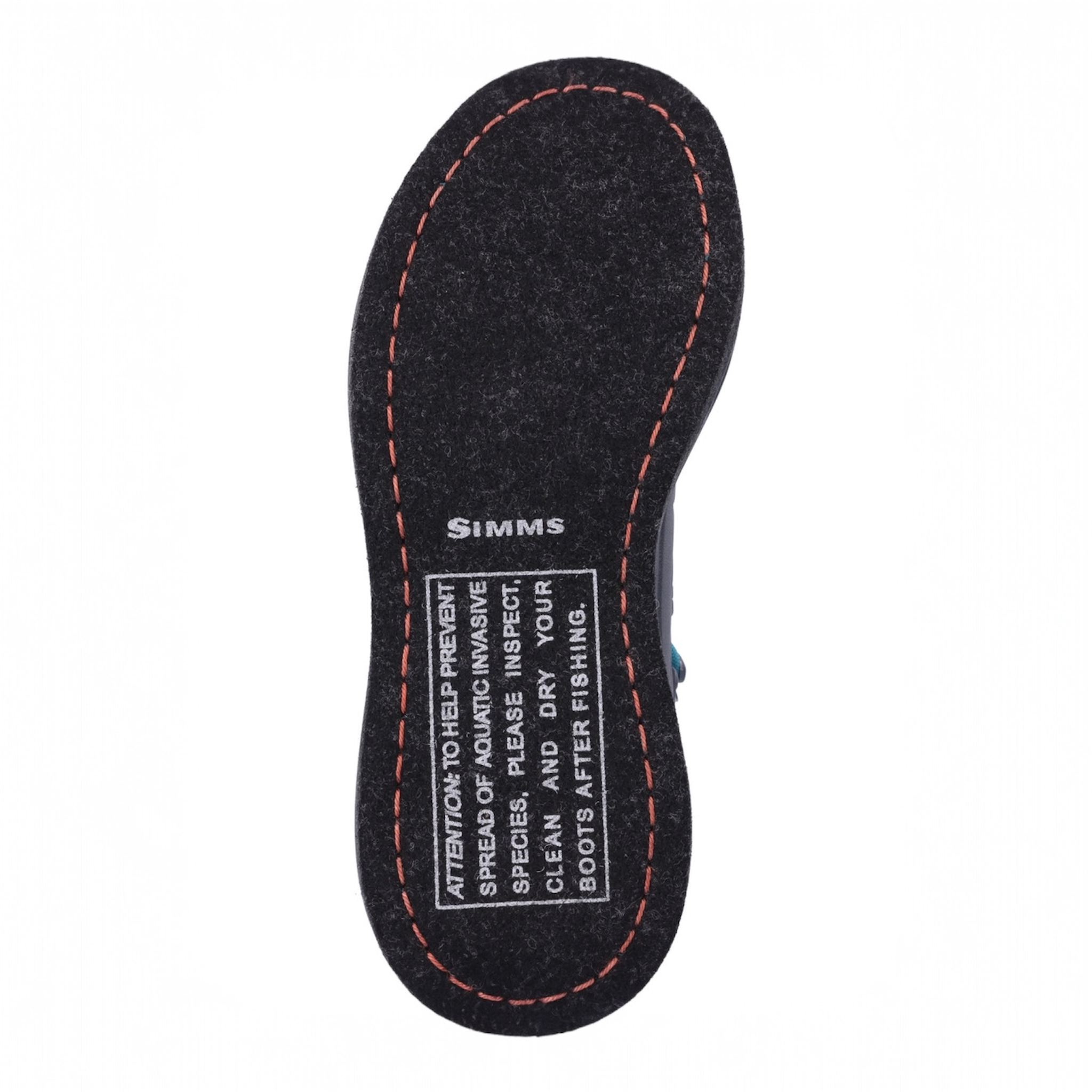 Bottom view of Simms Freestone Gray boot with teal laces on a white background