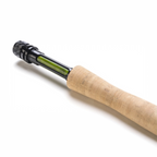 Close-up of a Scott Session fly fishing rod handle with cork grip on a white background