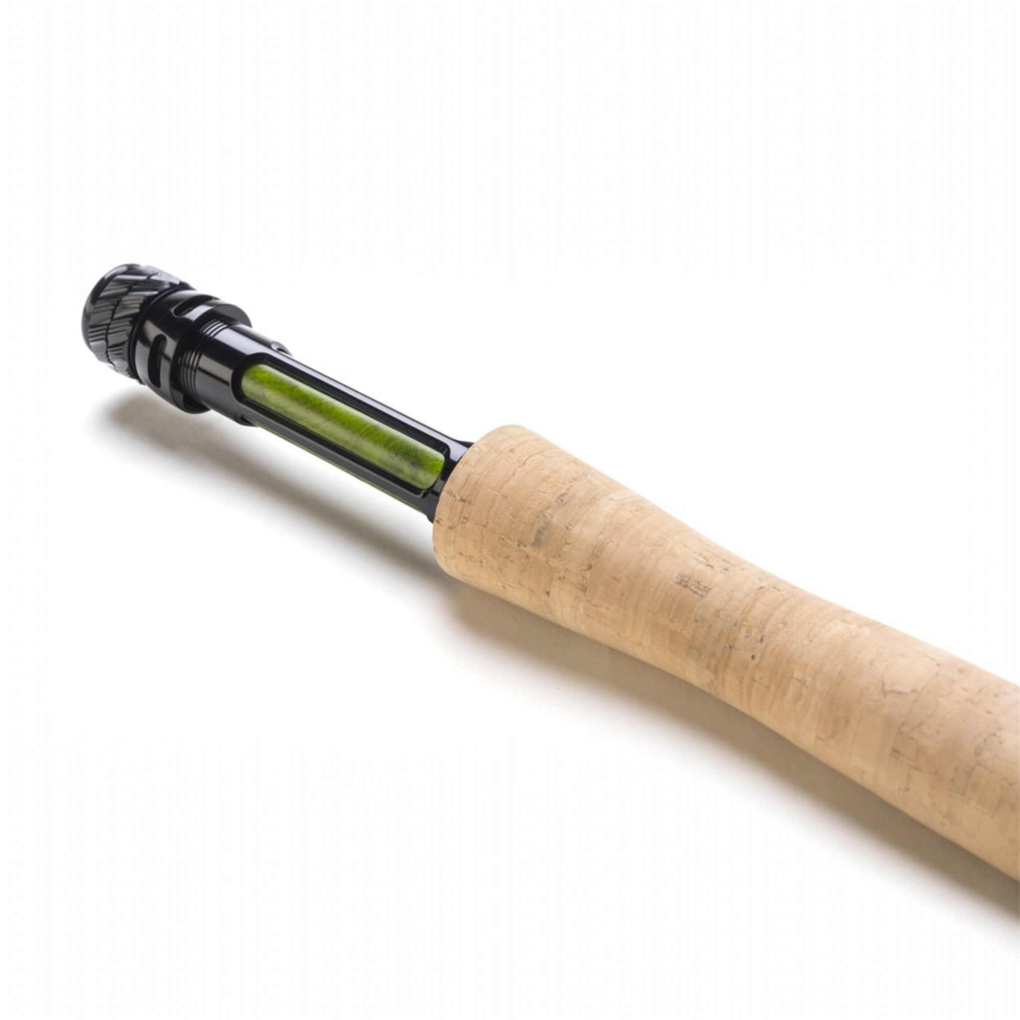 Close-up of a Scott Session fly fishing rod handle with cork grip on a white background