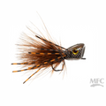 Fishing fly with brown and orange feathers on a white background, featuring the MFC logo.