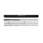 Echo fly-fishing rod with four sections and a carrying case on a white background, featuring the 'Echo' brand.