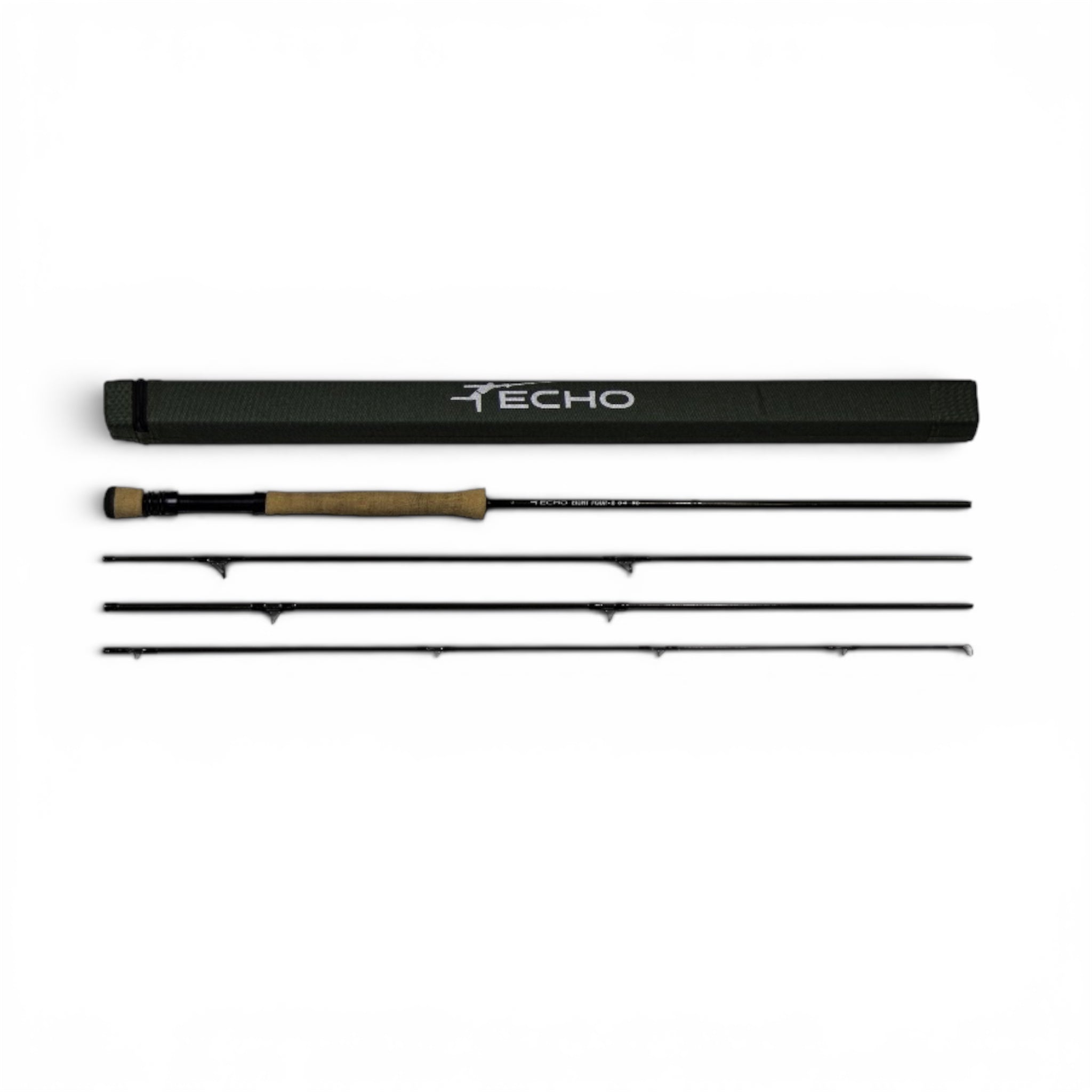 Echo fly-fishing rod with four sections and a carrying case on a white background, featuring the 'Echo' brand.