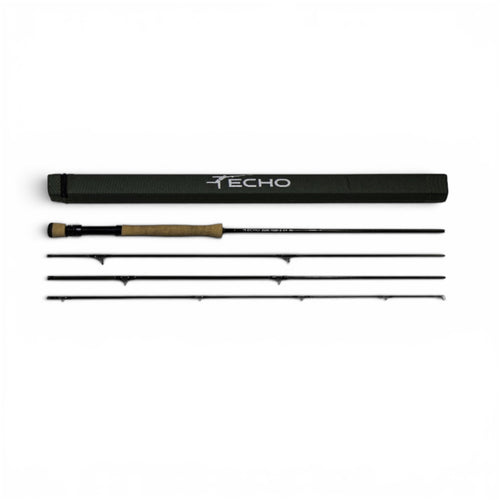 Echo fly-fishing rod with four sections and a carrying case on a white background, featuring the 'Echo' brand.
