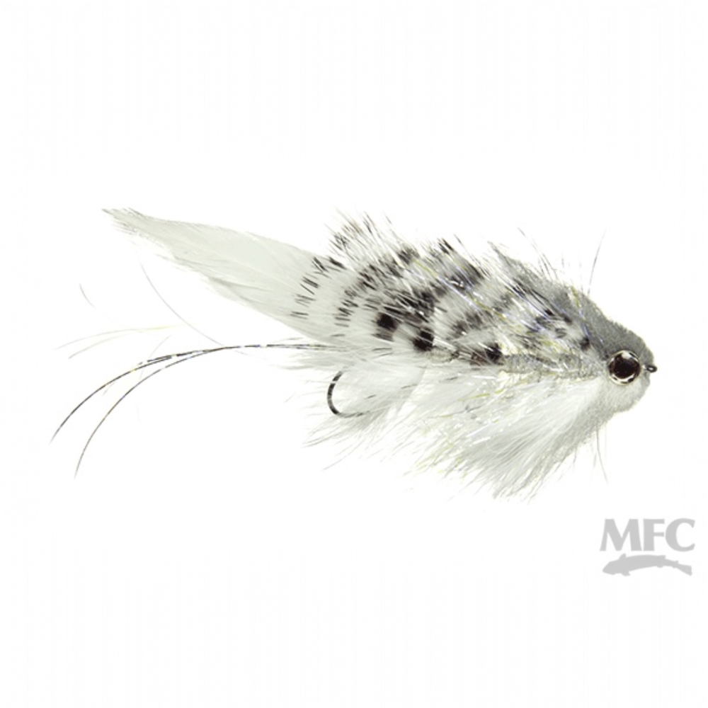Fishing fly with white and gray feathers on a white background, featuring the MFC logo.