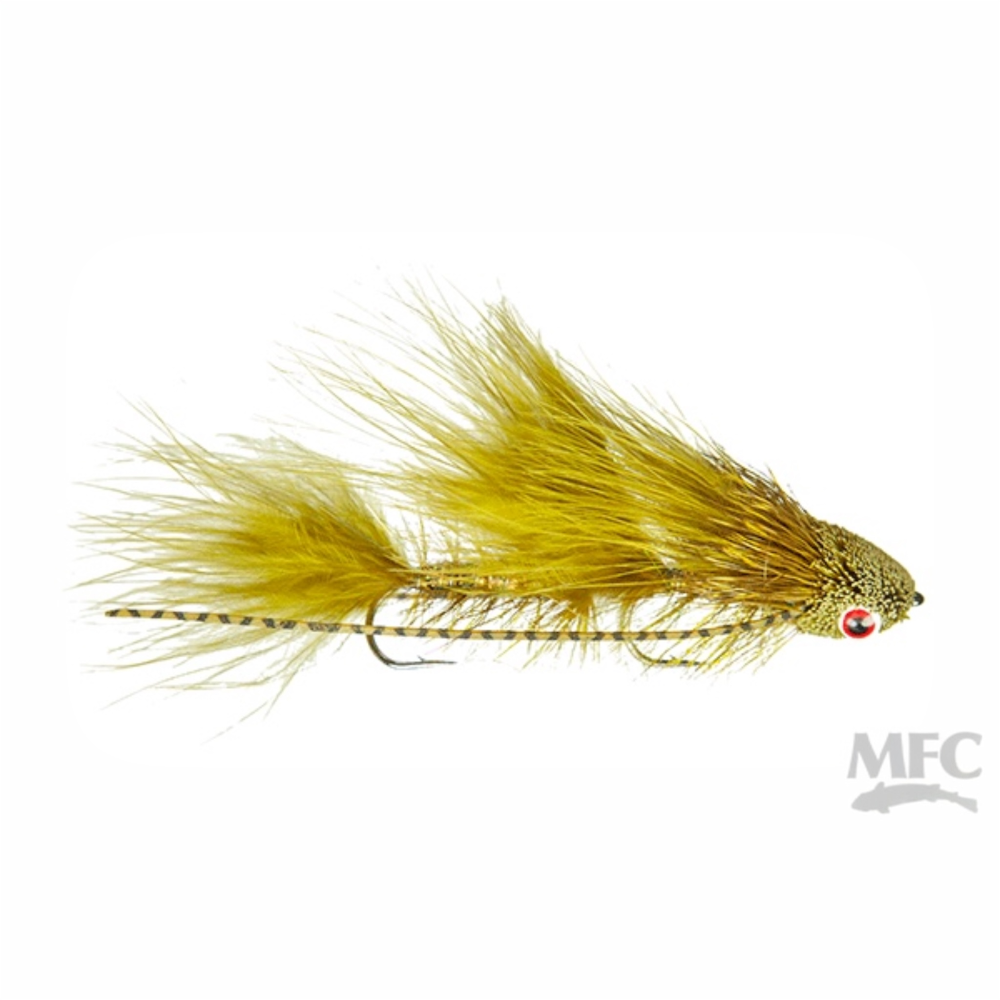 MFC Galloup's Mini Dungeon fishing fly with yellow and clear details on a white background, featuring the MFC logo.
