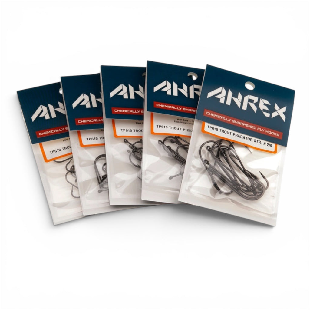 Five packages of Ahrex fishing hooks on a white background