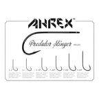 Anrex Predator Stinger fishing hook packaging with size chart on a white background