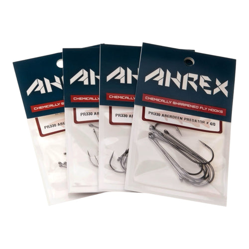 Five packages of AHREX PR330 fly fishing hooks on a white background