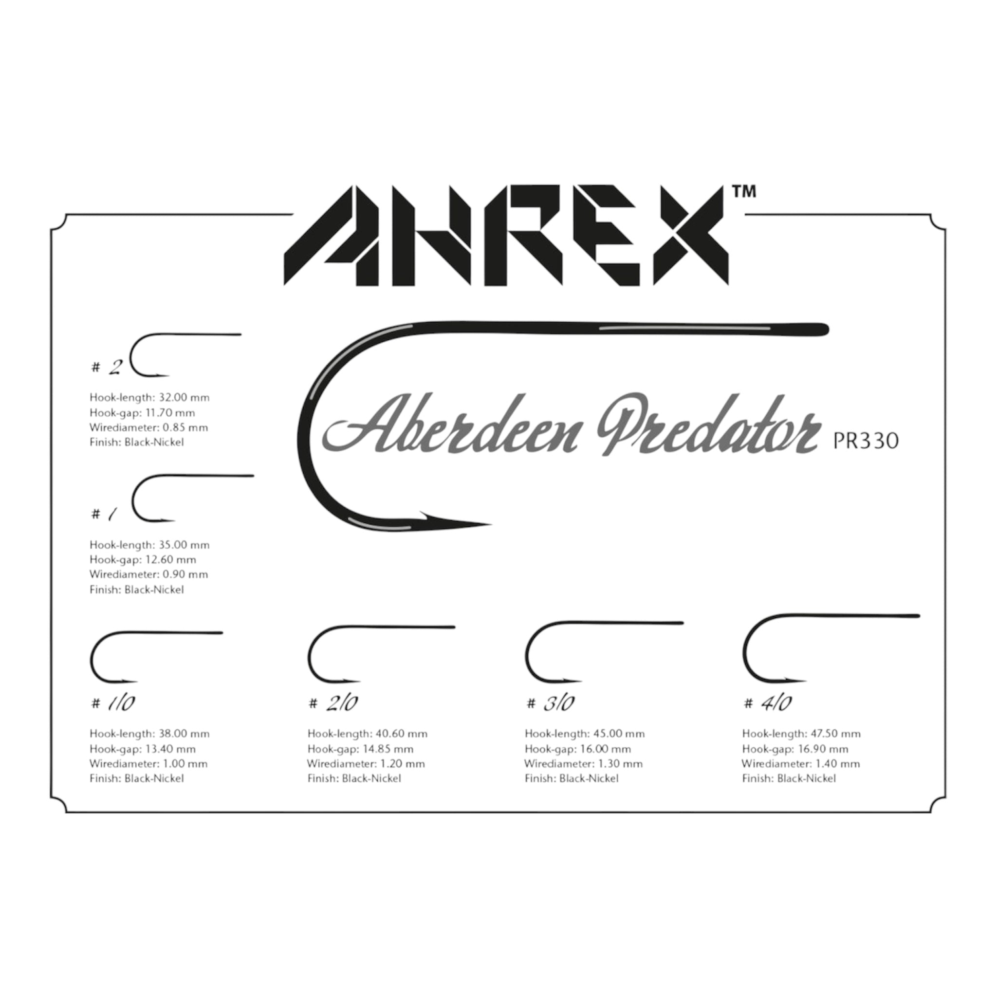 Anrex Aberdeen Predator PR330 fishing hook packaging with specifications on a white background