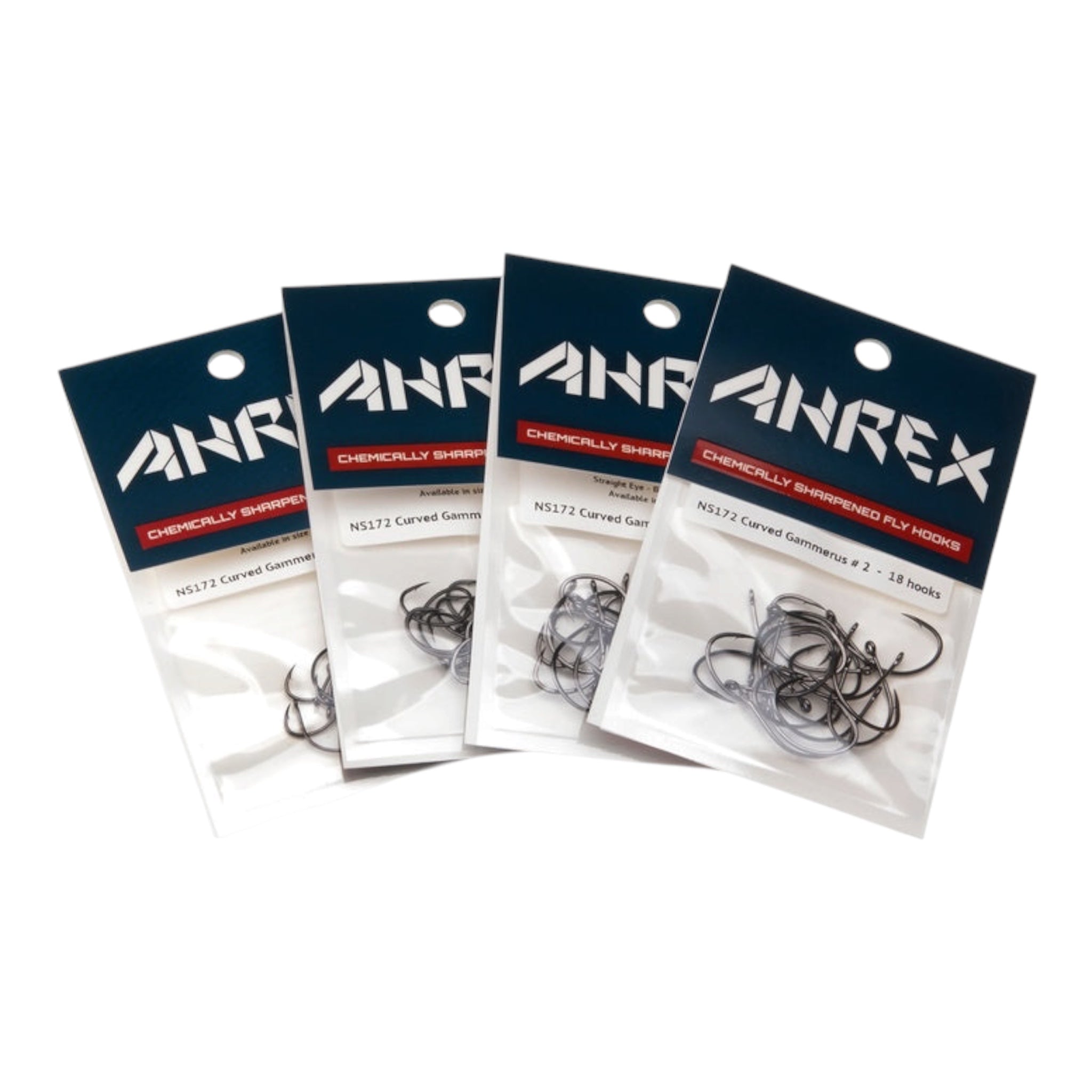 Four packages of Ahrex NS172 Nordic Salt Curved Gammerus Hooks fishing hooks on a white background