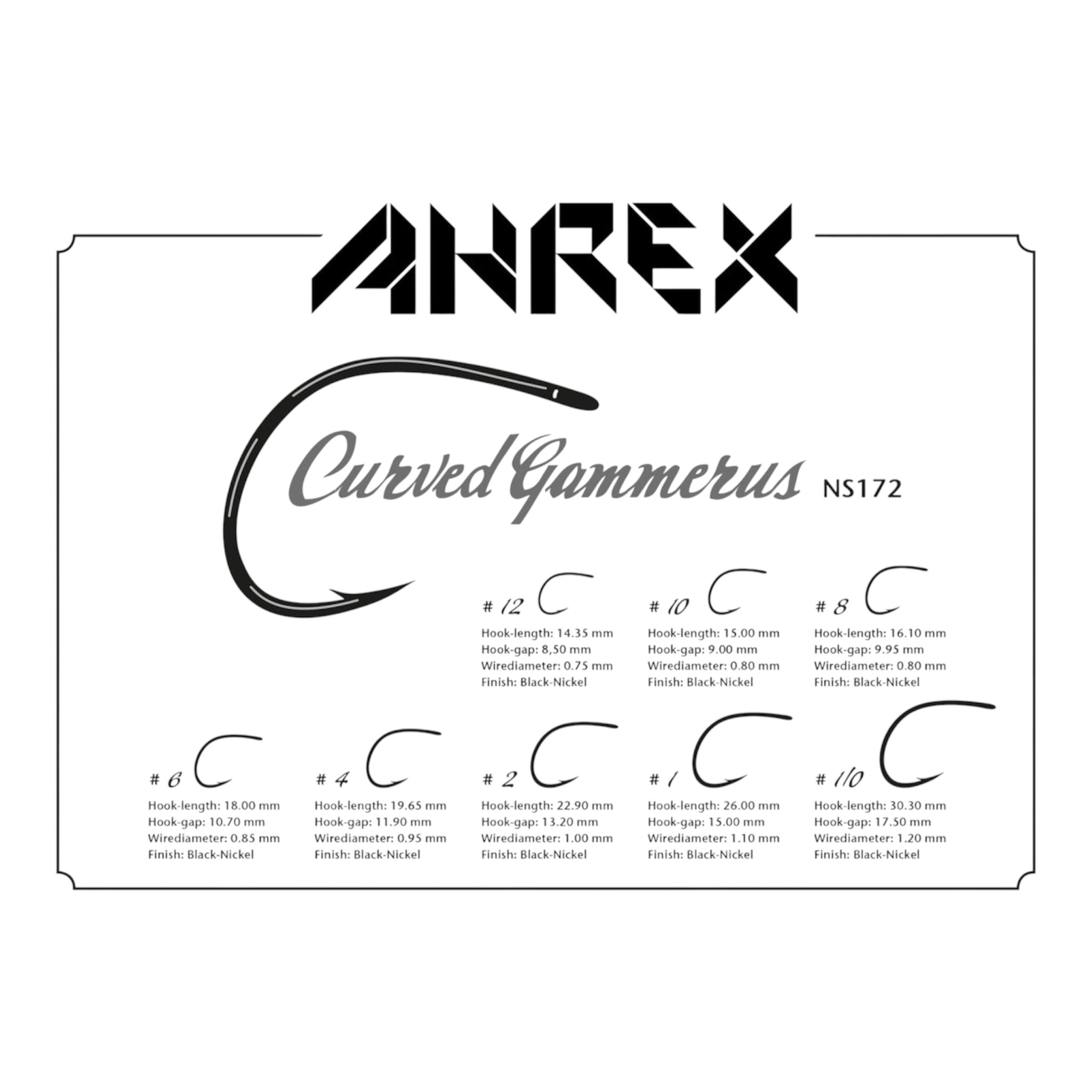 Ahrex Curved Gammerus NS172 fishing hook specification card on a white background