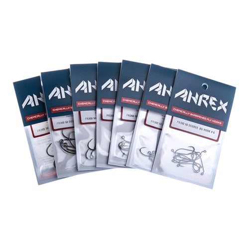 Multiple packages of Ahrex PR360 50 Degree Jig Hook fishing hooks on a white background