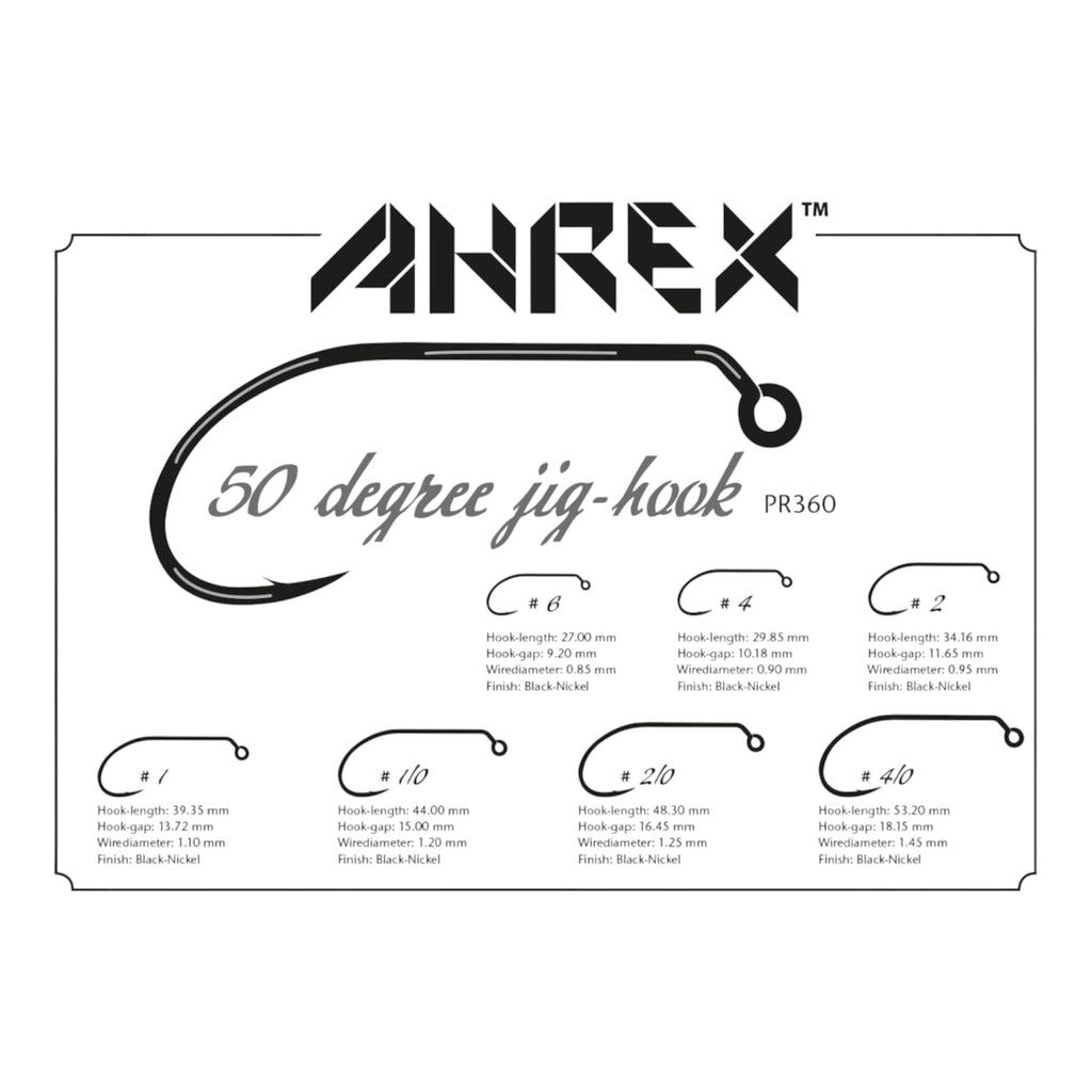 Ahrex 50 degree jig hook product packaging with specifications on a white background