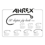 Ahrex 50 degree jig hook product packaging with specifications on a white background