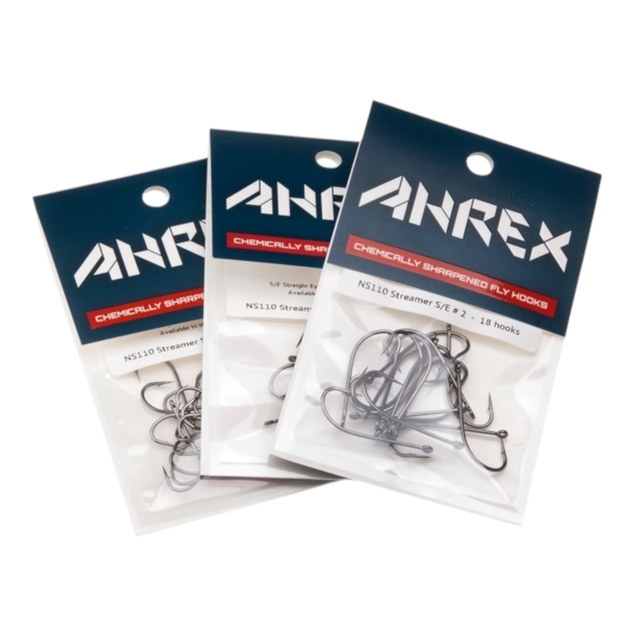 Three packages of Ahrex NS110 Nordic Salt Streamer Hooks chemically sharpened fly hooks on a white background