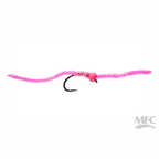 Pink fishing lure with a hook on a white background, featuring the MFC logo.