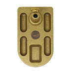 Gold-colored metal brass base for Regal fly tying vise with a brand logo on a white background