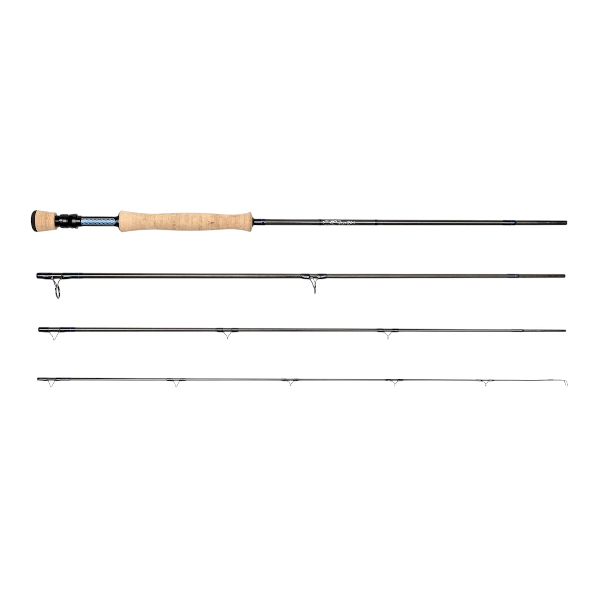 Scott Wave fly fishing rod with four sections on a white background