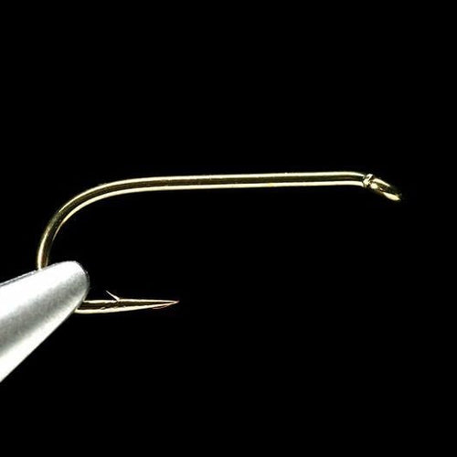 A close-up image of a Daiichi 1560 bronze fly fishing hook.