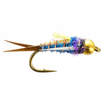 Fishing fly with gold body and purple and blue fibers on a white background