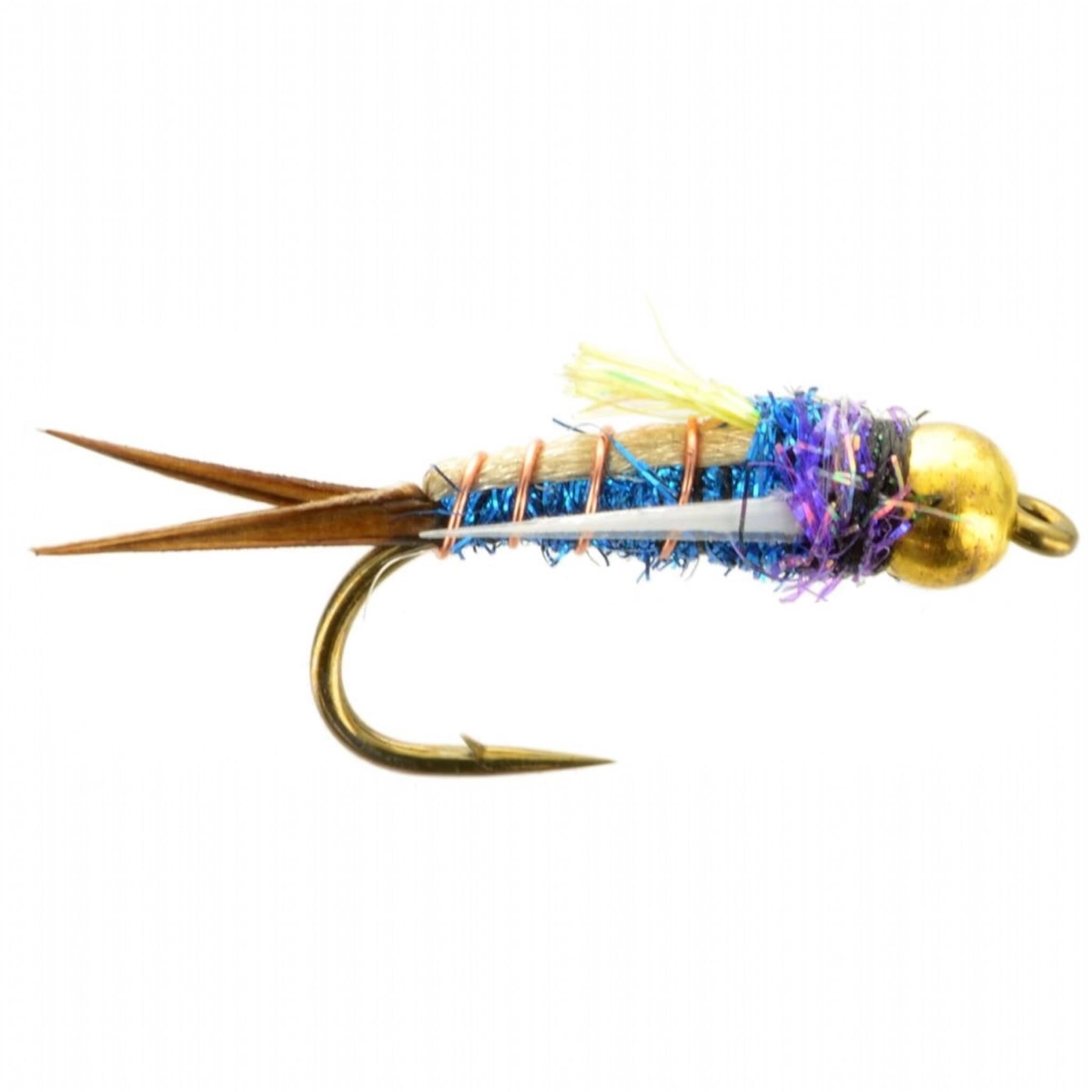 Fishing fly with gold body and purple and blue fibers on a white background