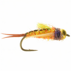 Fishing fly with orange, yellow, and purple body on a white background