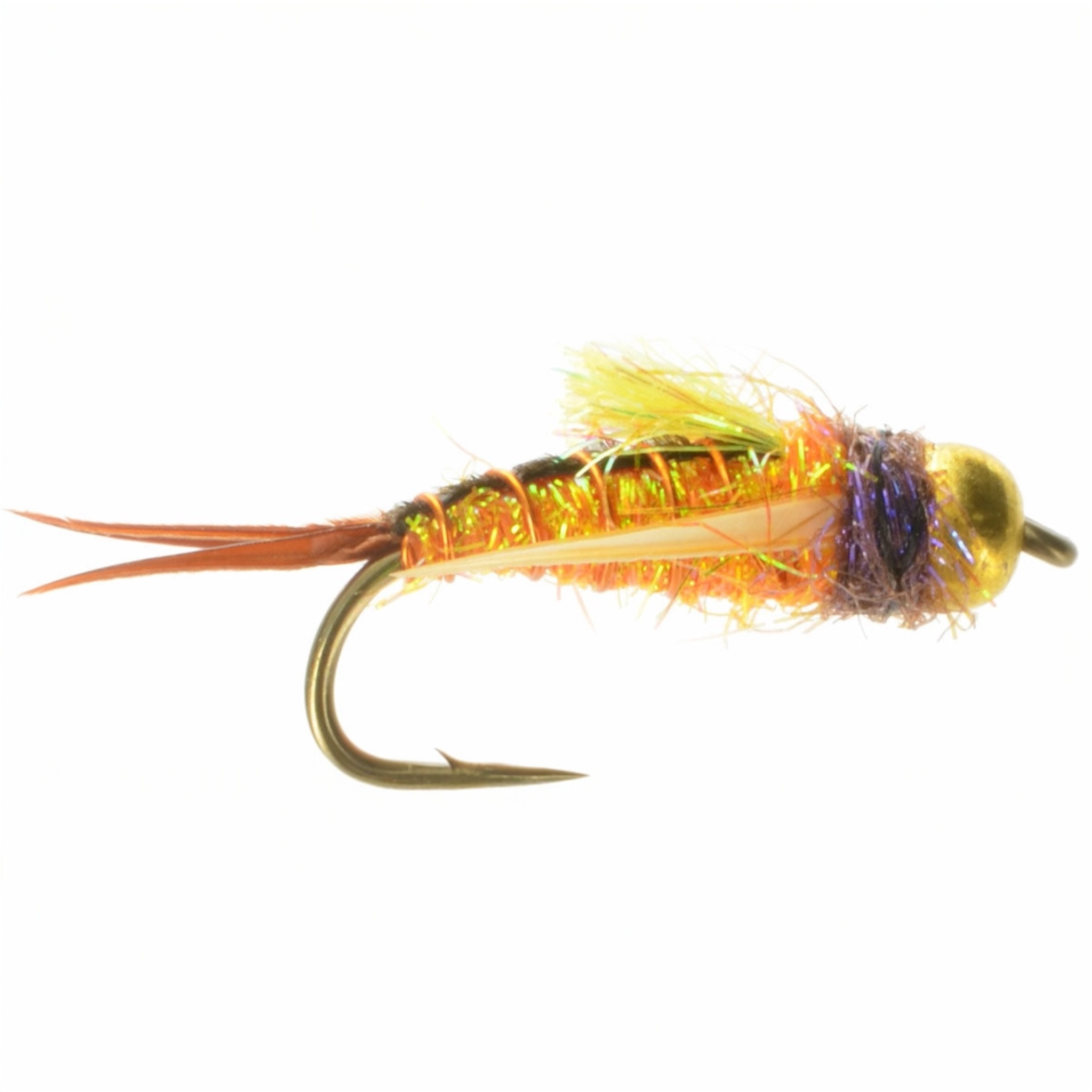 Fishing fly with orange, yellow, and purple body on a white background