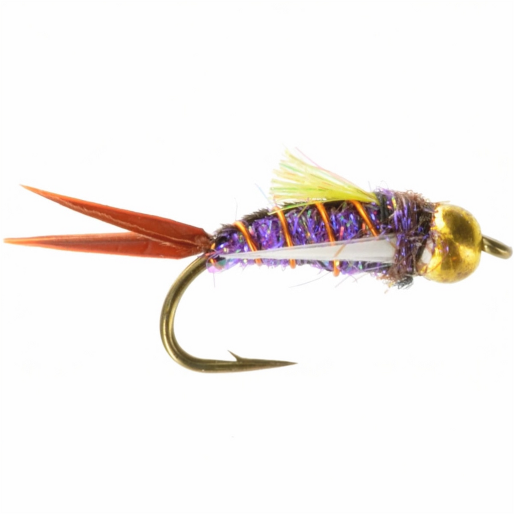 Fishing fly with purple and gold body on a white background
