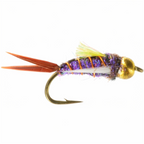Fishing fly with purple and gold body on a white background
