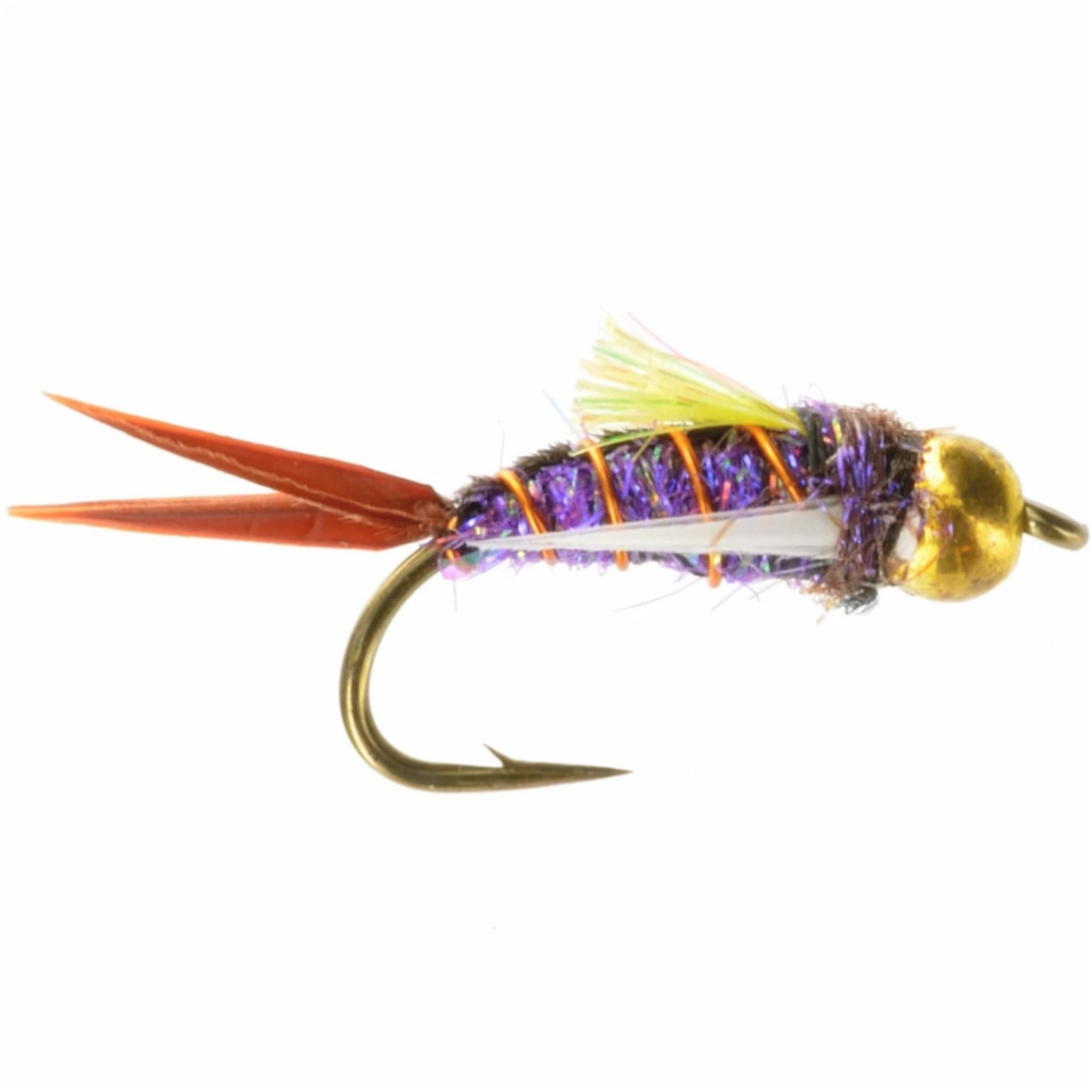 Fishing fly with purple and gold body on a white background