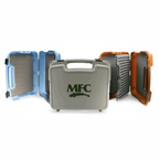 A collection of MFC Boat Fly Boxes in blue, gray, and orange colors, each with the MFC logo on the front.