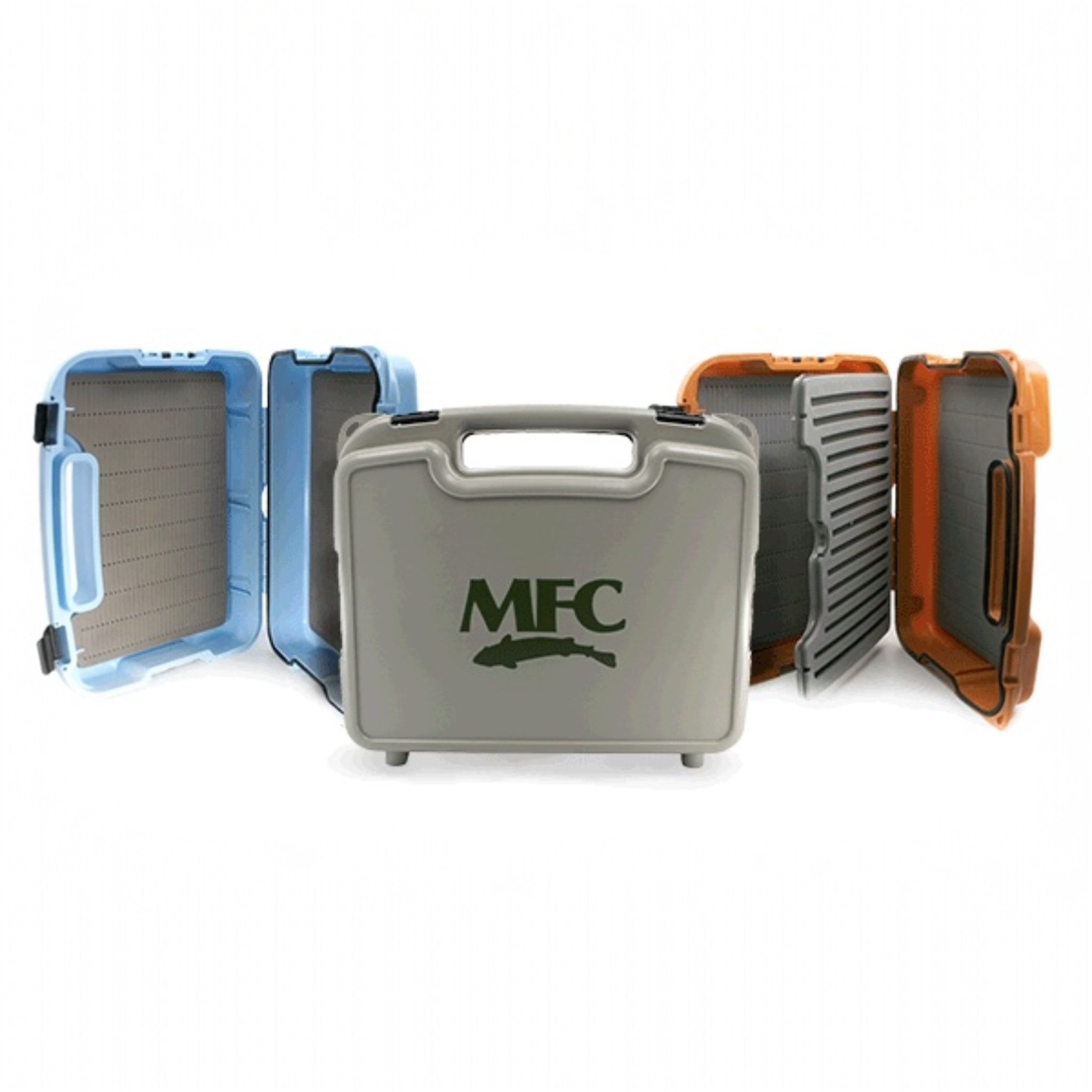 A collection of MFC Boat Fly Boxes in blue, gray, and orange colors, each with the MFC logo on the front.