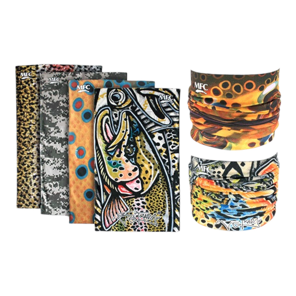 Collection of patterned neck gaiters with visible branding on a white background