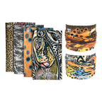 Collection of patterned neck gaiters with visible branding on a white background