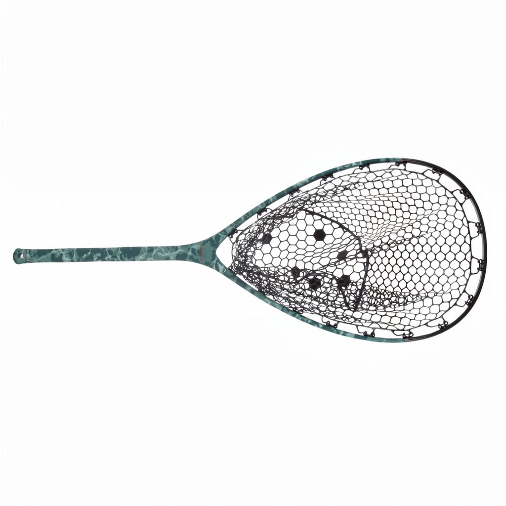 Fishpond fishing net with a camouflage handle on a white background